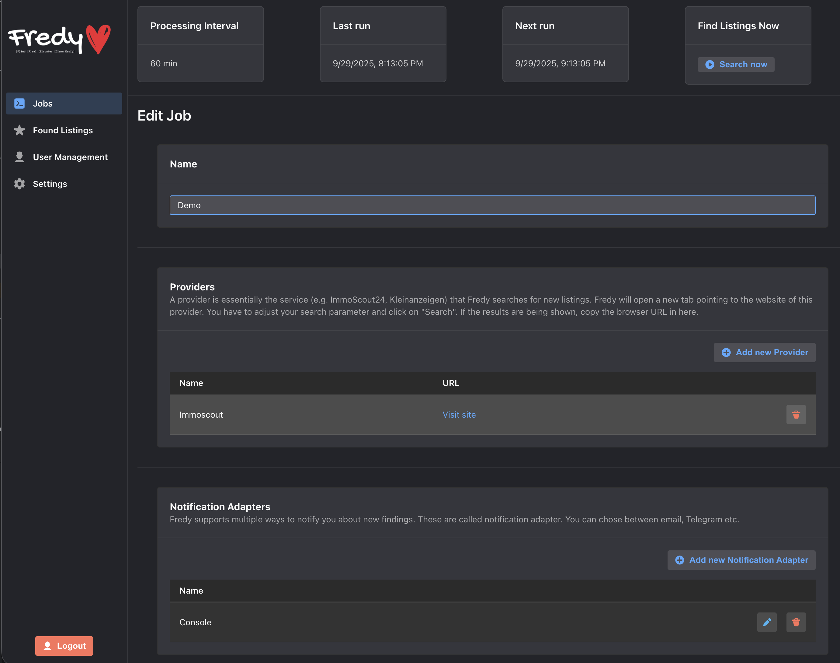 Screenshot showing job configuration in Fredy