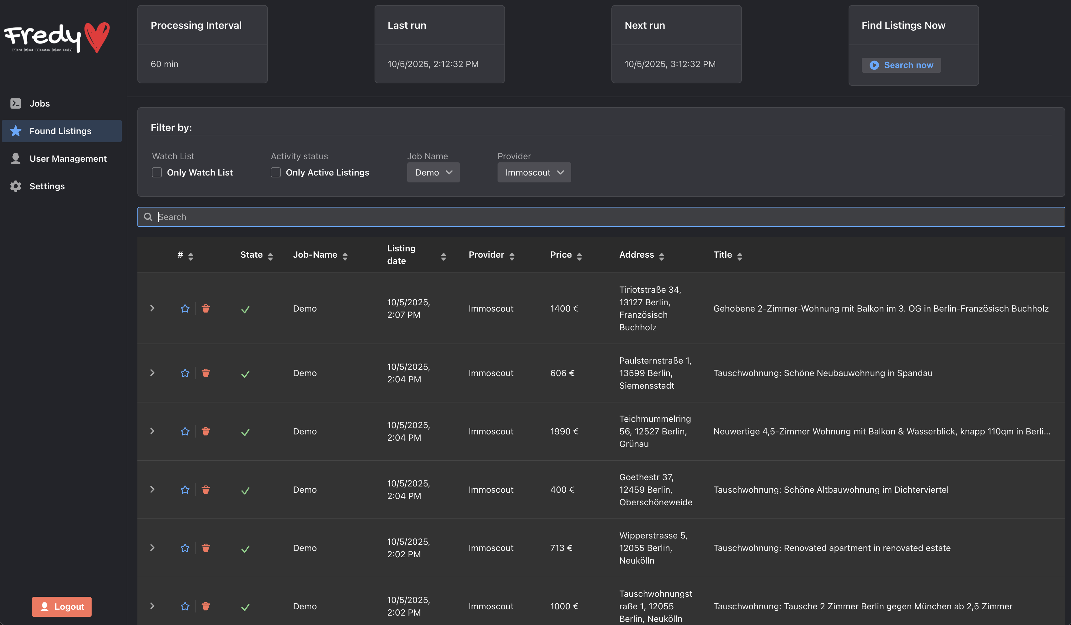 Screenshot showing found listings in Fredy