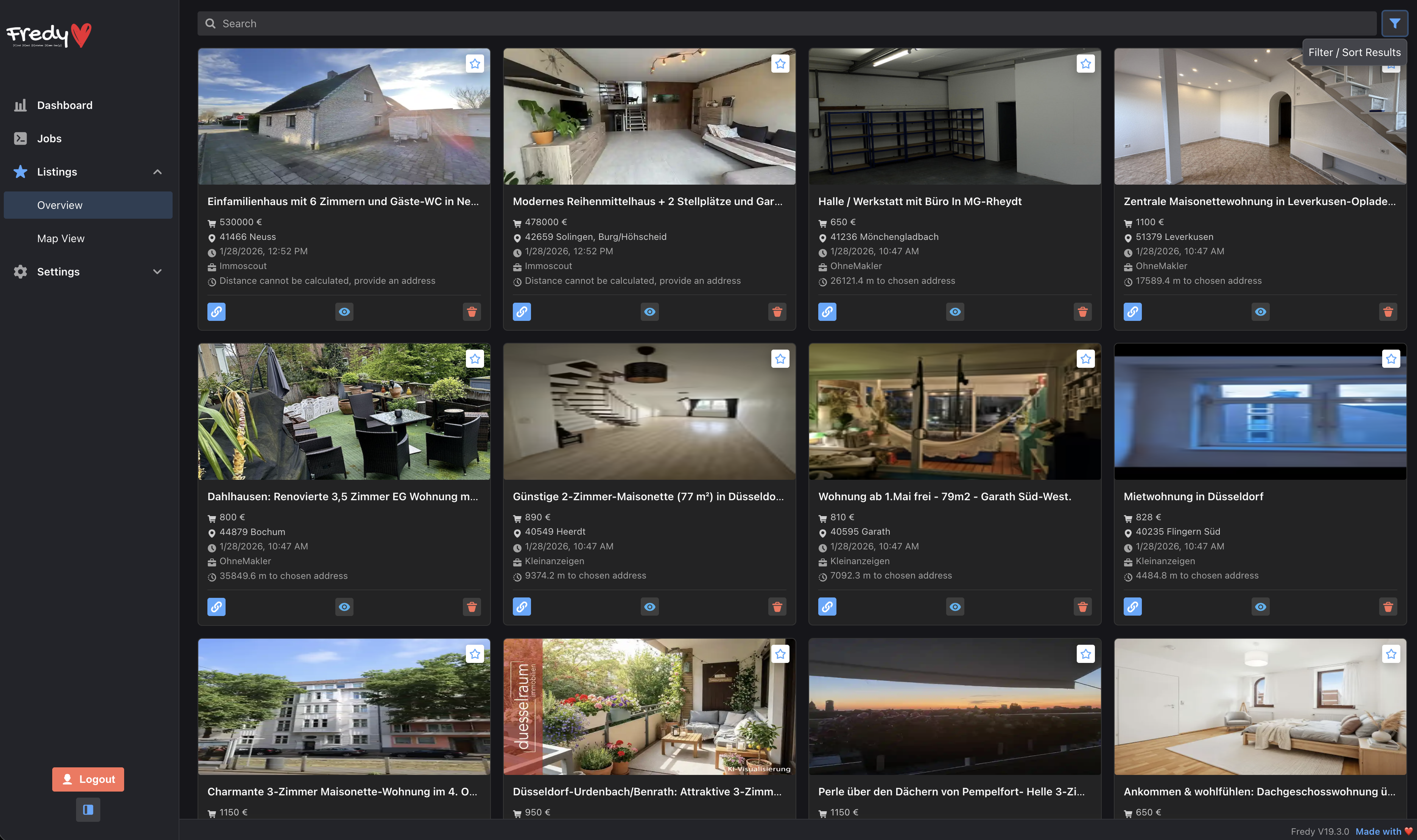 Screenshot showing found listings in Fredy