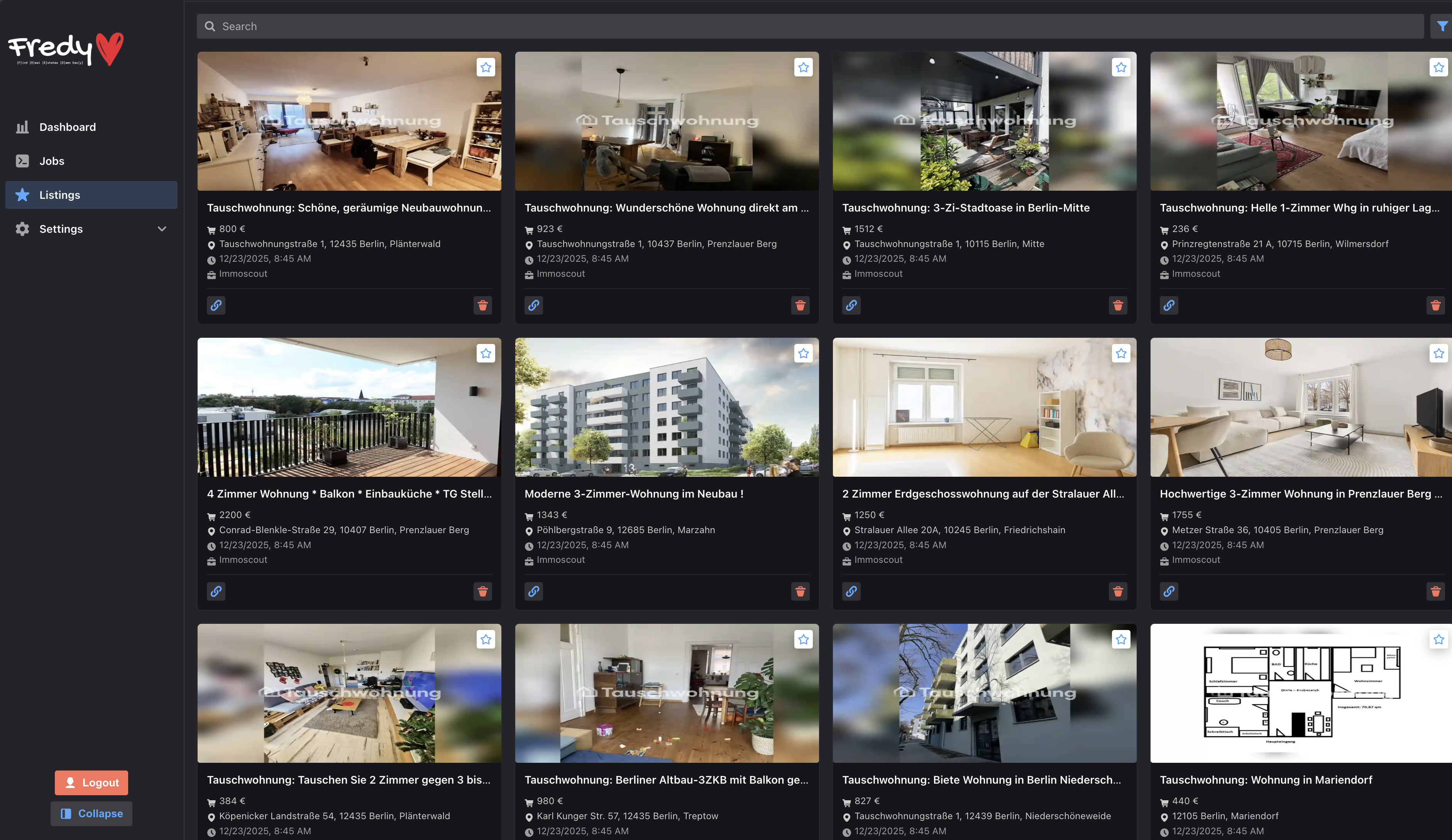 Screenshot showing found listings in Fredy
