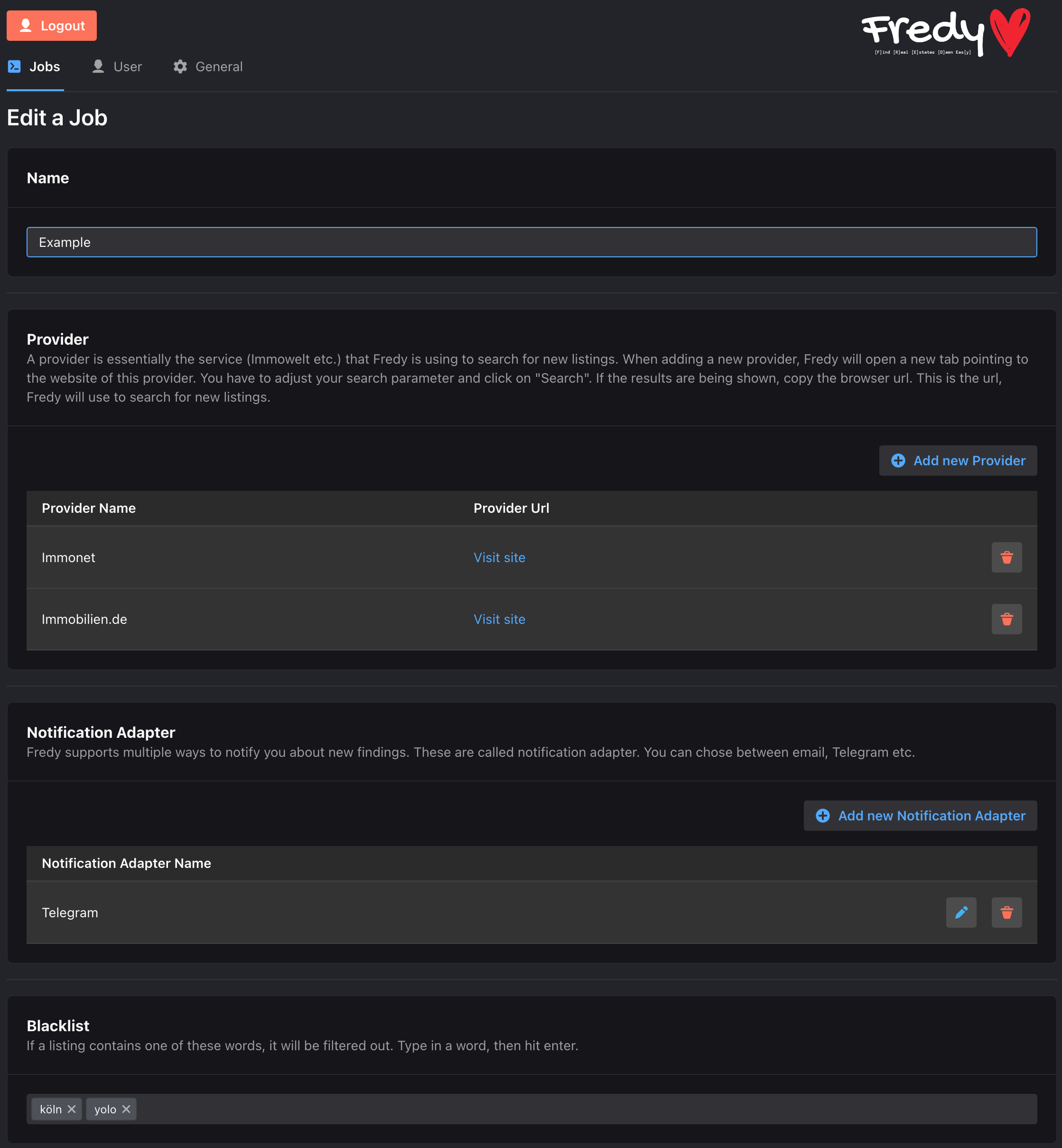Screenshot showing job analytics in Fredy