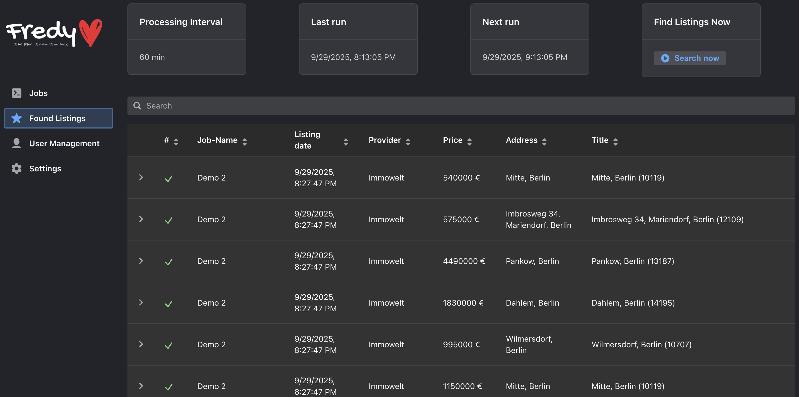Screenshot showing found listings in Fredy