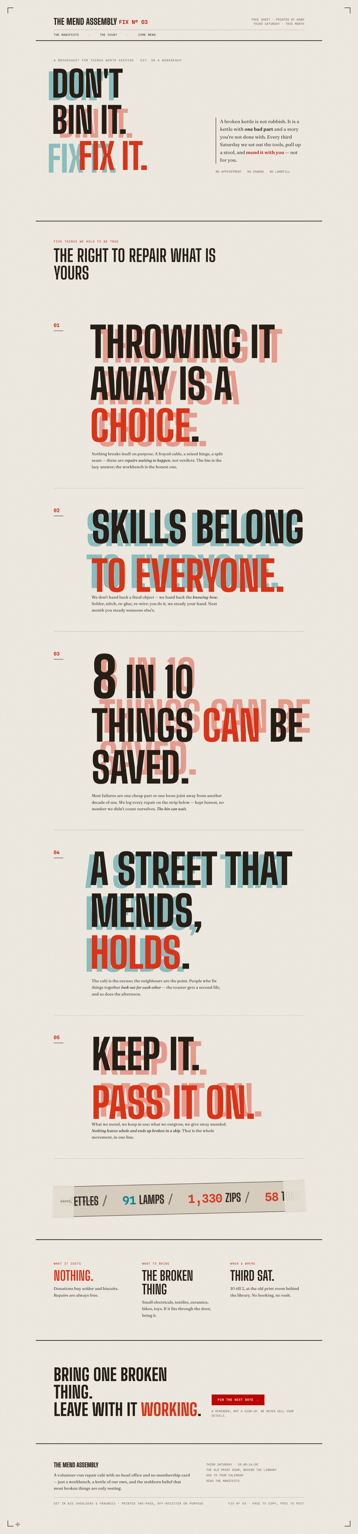 The Mend Assembly, a repair-café manifesto poster designed from scratch with Custom