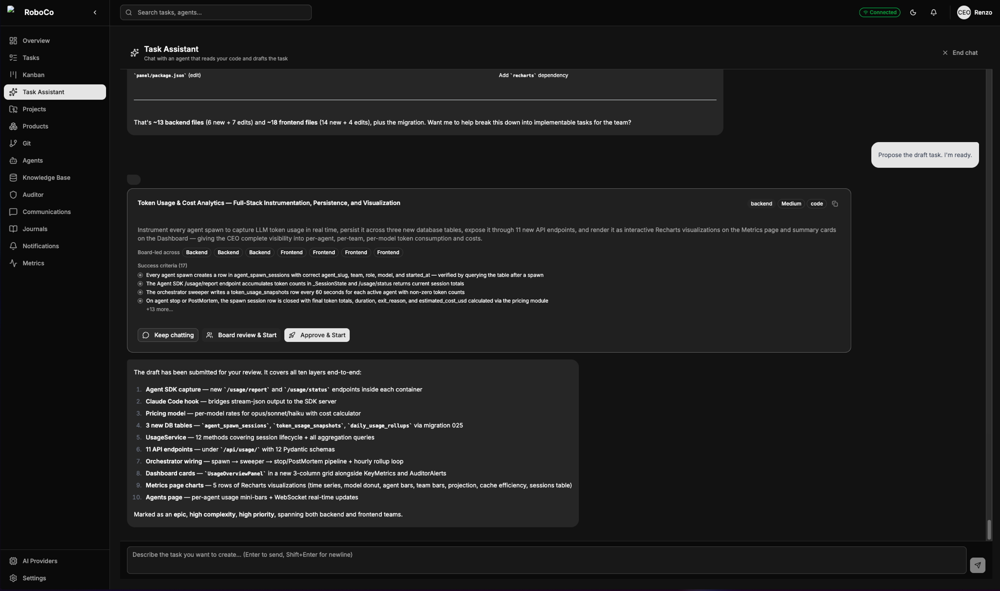 The draft proposal card: the finished task — objective, per-cell work, and acceptance criteria — with three choices: Keep chatting, Board review & Start, or Approve & Start.