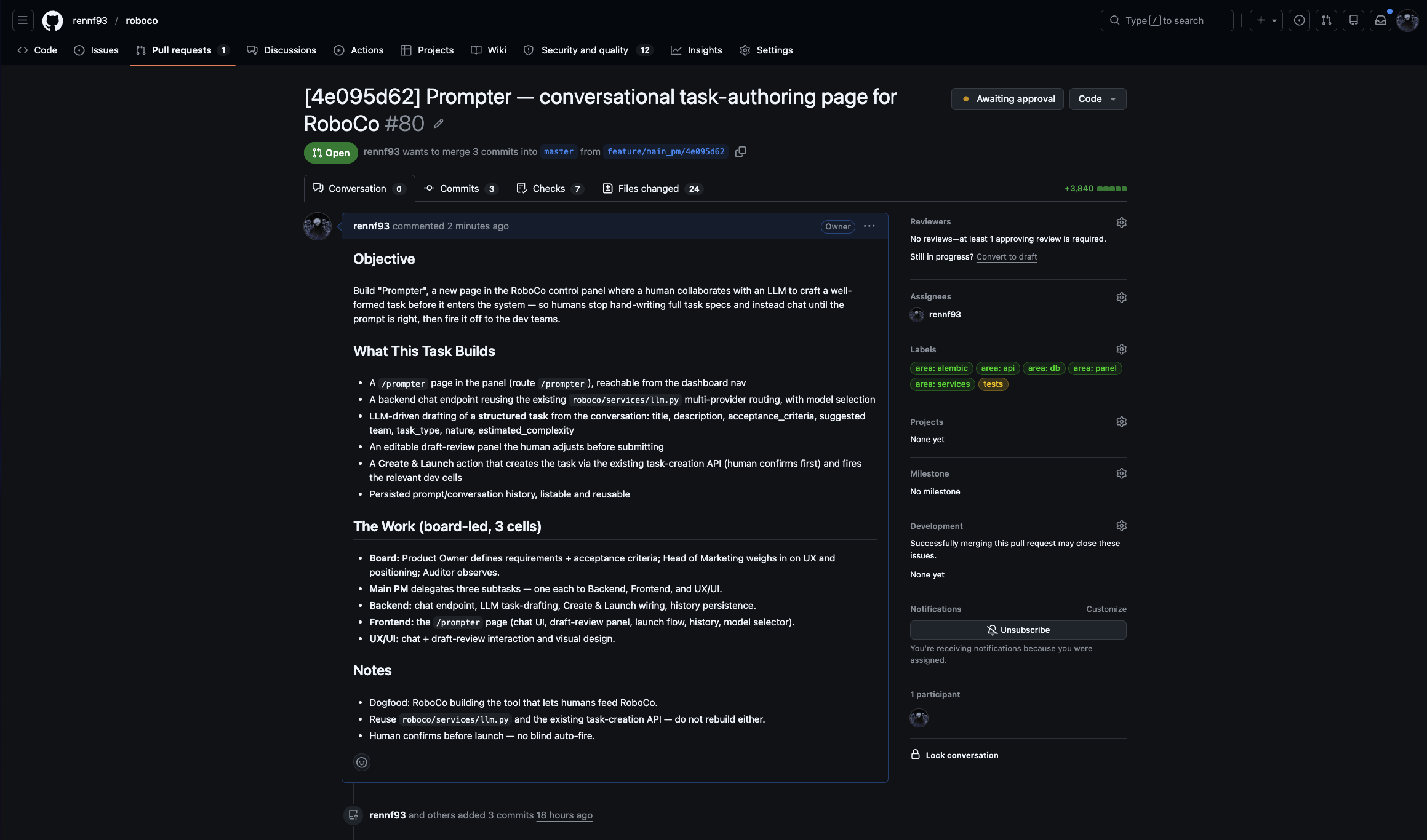 The pull request's description: the objective, what the task builds, the per-cell breakdown, and the notes the company wrote for it.