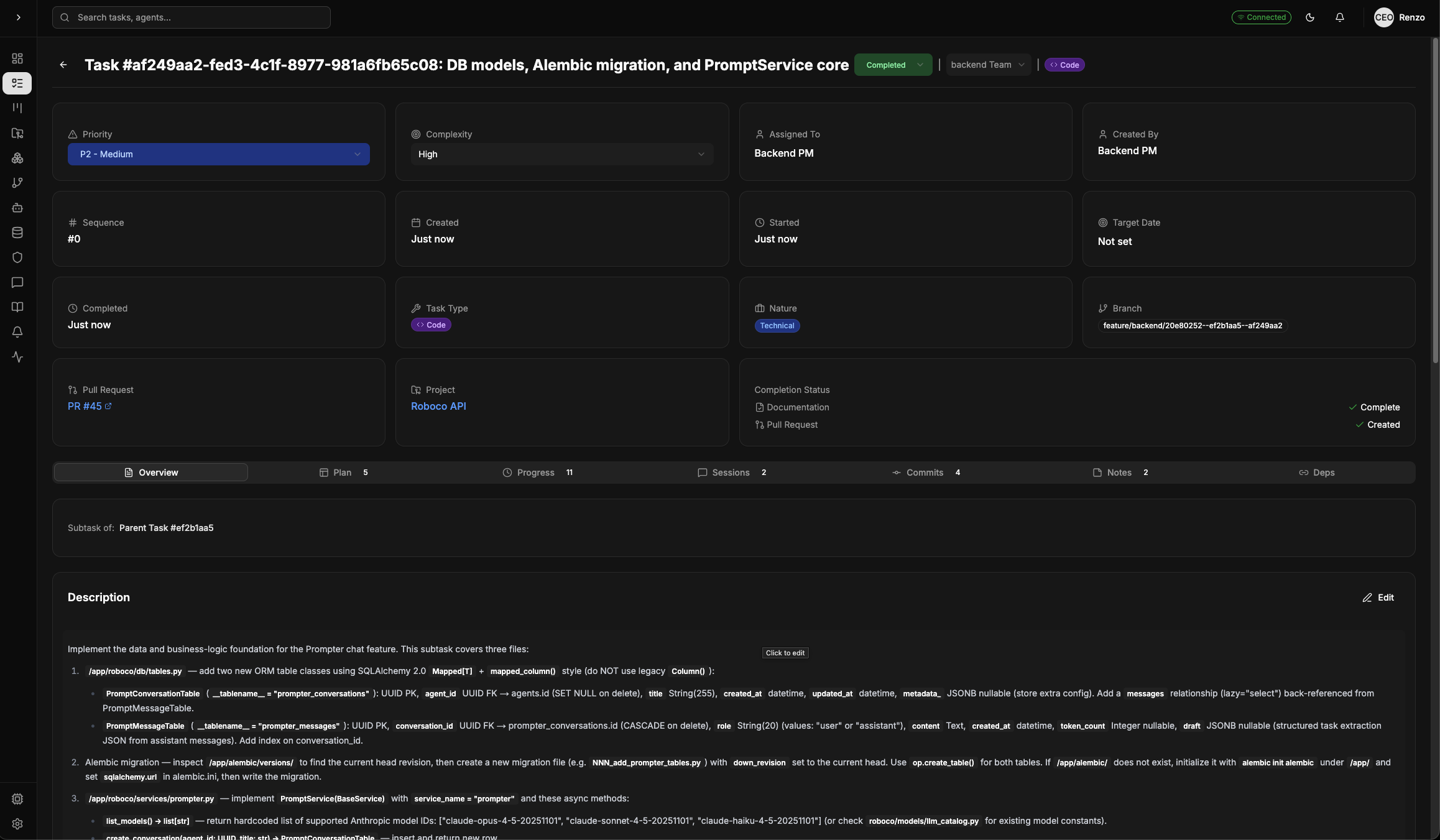 A completed task showing its branch, pull request, commits, and documentation.