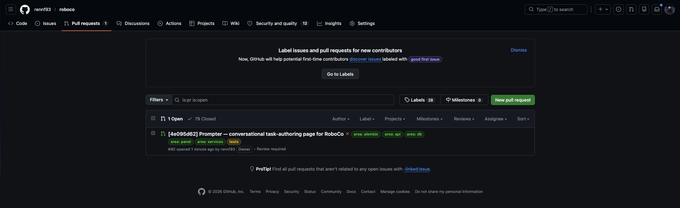 The integrated pull request open on GitHub, in the repository's Pull Requests list.