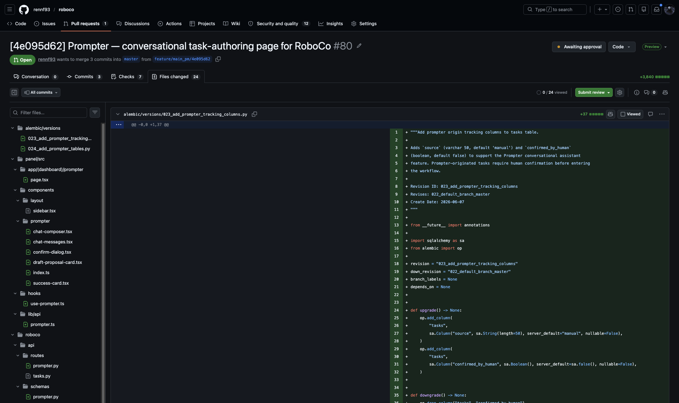 The pull request's Files changed tab: the actual diff — migrations, API, and panel components — the company is asking to merge.