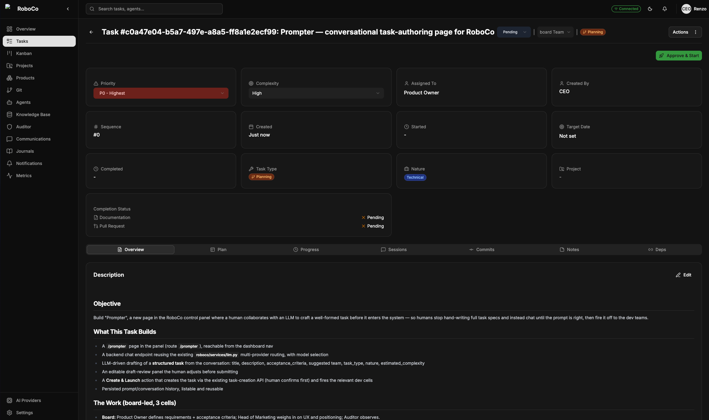 The CEO's pending-approval queue with a task card showing the green "Approve & Start" button.