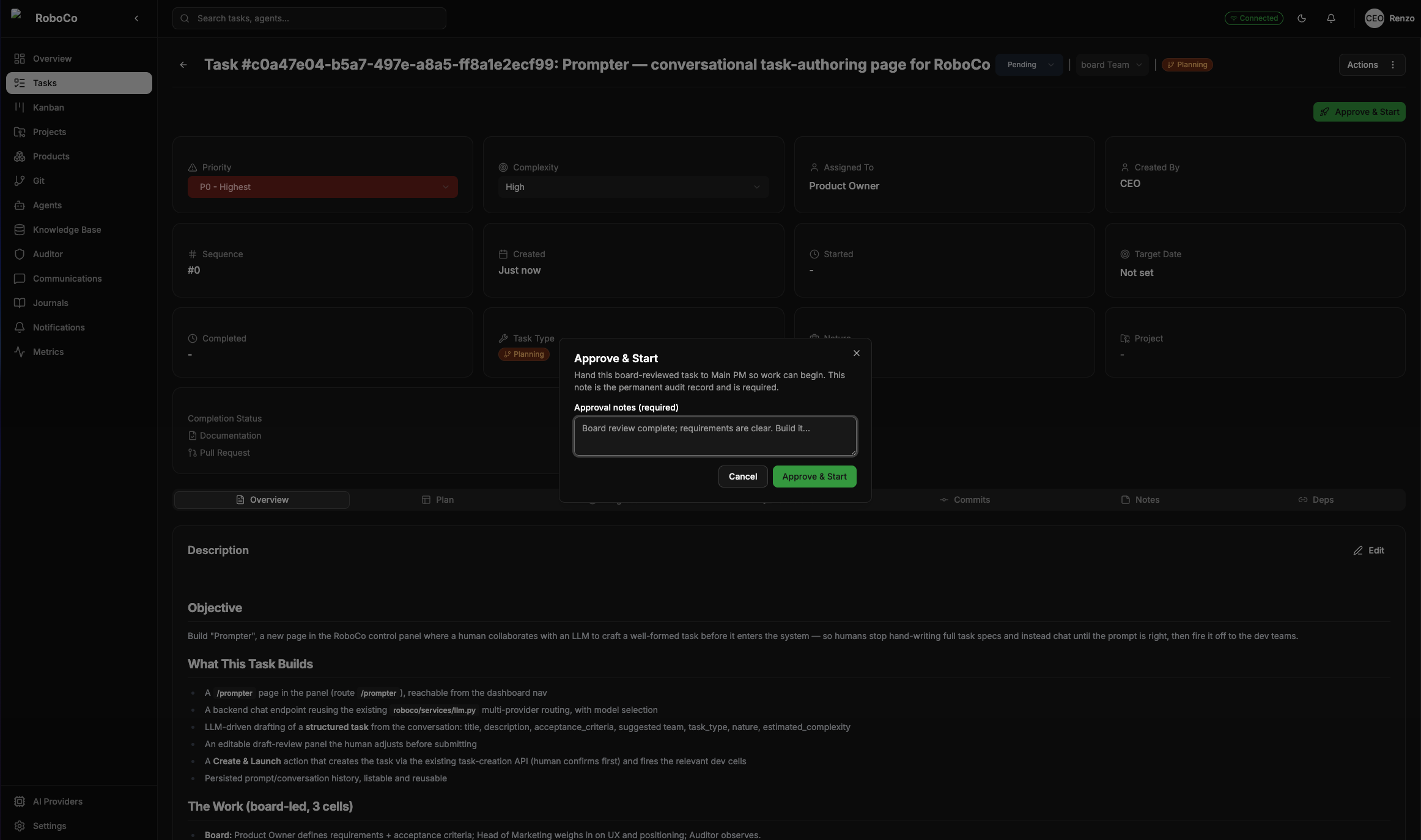 The task detail panel opened from the approval queue, with the Approve & Start action alongside the task brief.