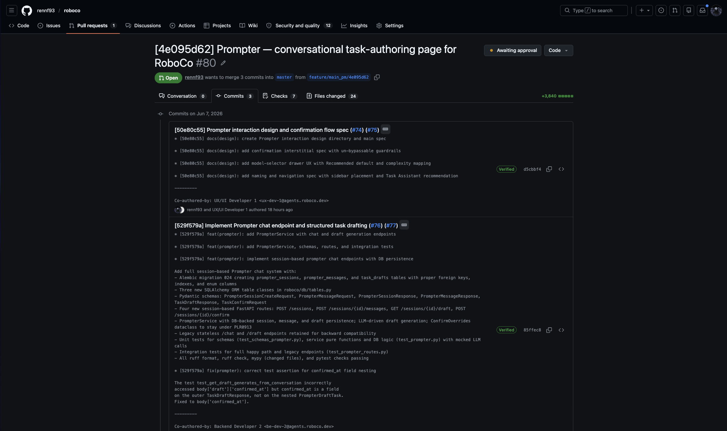 The integrated pull request's commit list: one verified commit per cell — the UX/UI design specs and the backend chat endpoint — each co-authored by the agent that wrote it.
