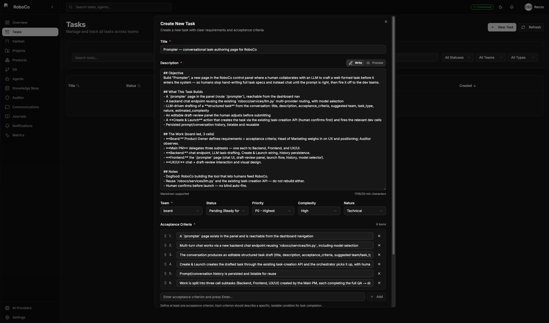 The CEO's task-definition form: the title, description, and acceptance criteria that start a task.
