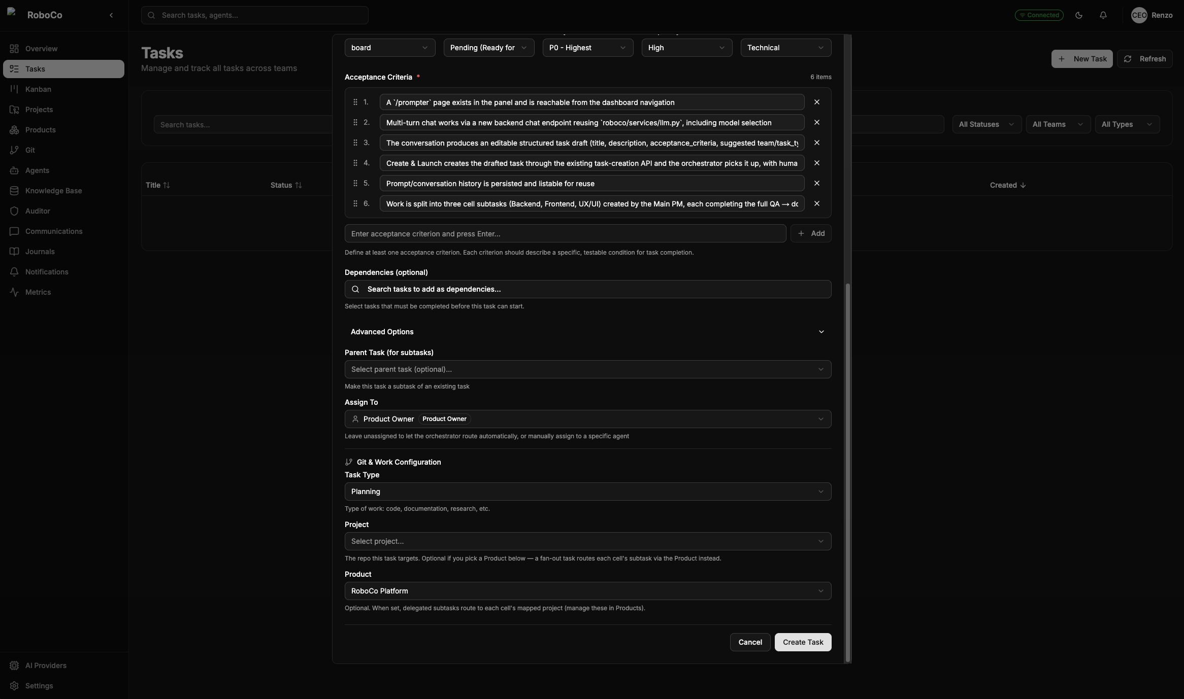 The same task-definition form, scrolled or scrolled-onto the acceptance criteria and submit step.