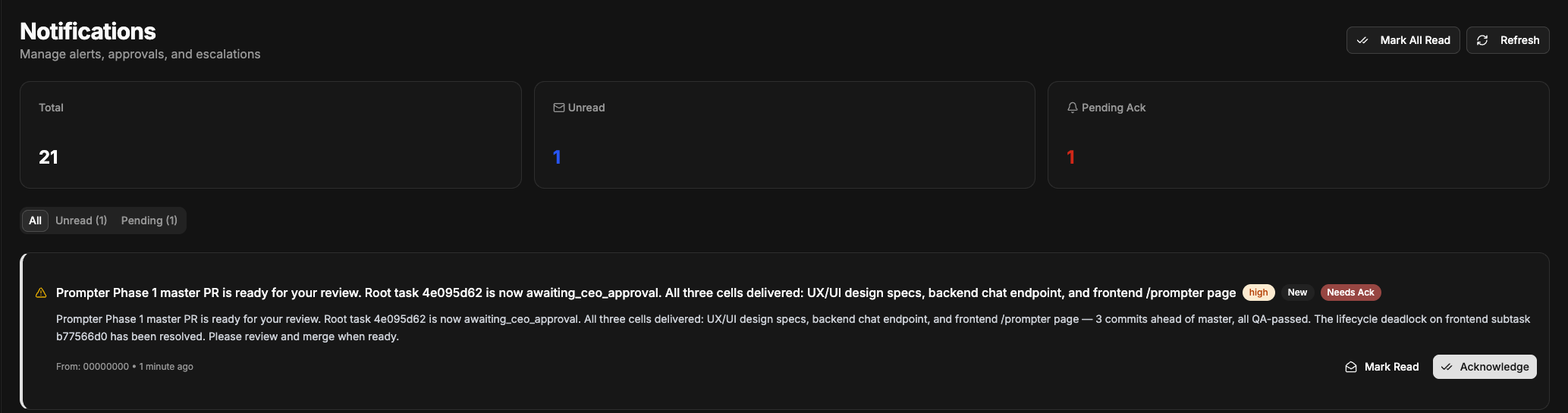 The final CEO approval notification: the integrated Prompter PR is ready, all three cells delivered and QA-passed, awaiting the CEO's review and merge.