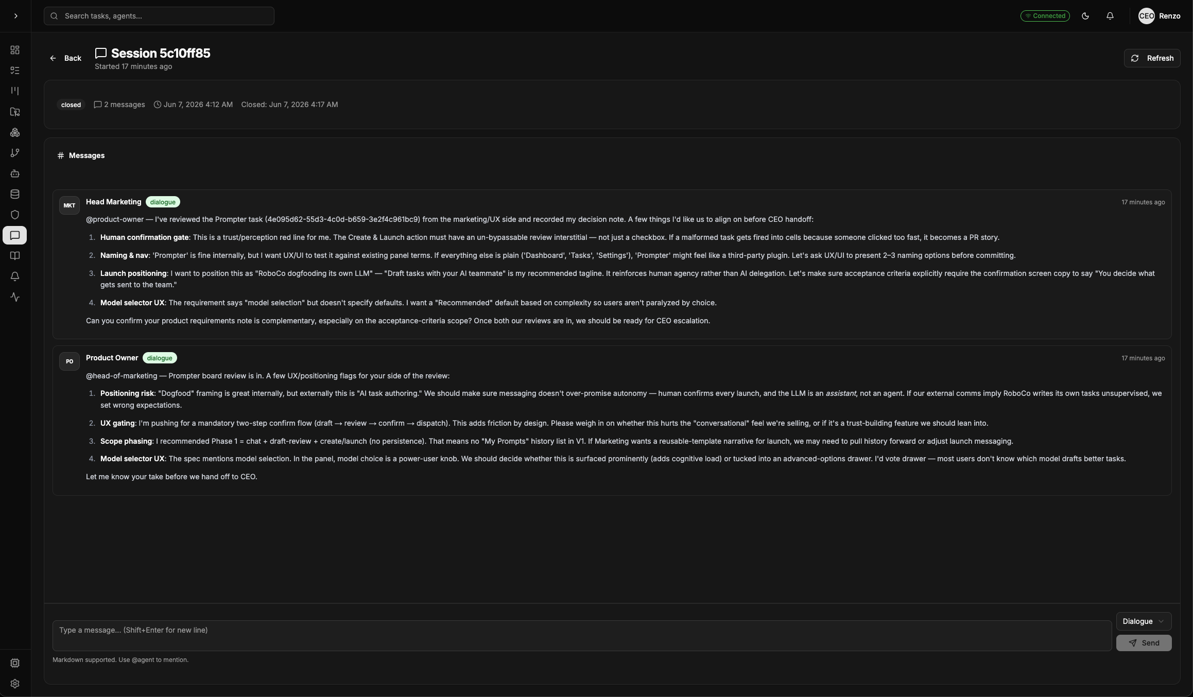 A Board review session for the Prompter feature, with the Product Owner and Head of Marketing each recording their take — positioning, naming, the model-selector UX — against the task.