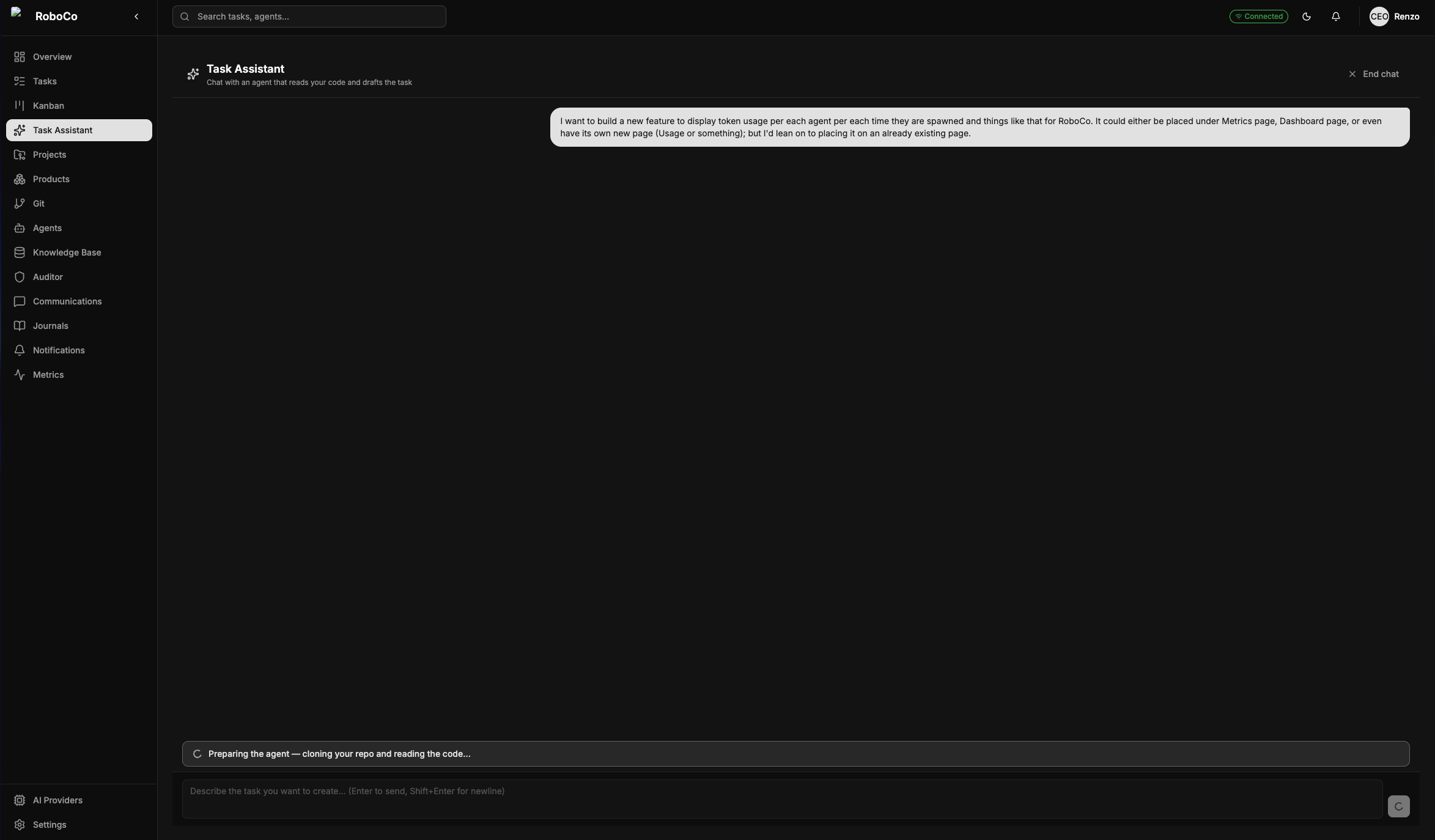 The Task Assistant chat opening: the idea is in, and the agent is cloning the repo and reading the code before it answers.