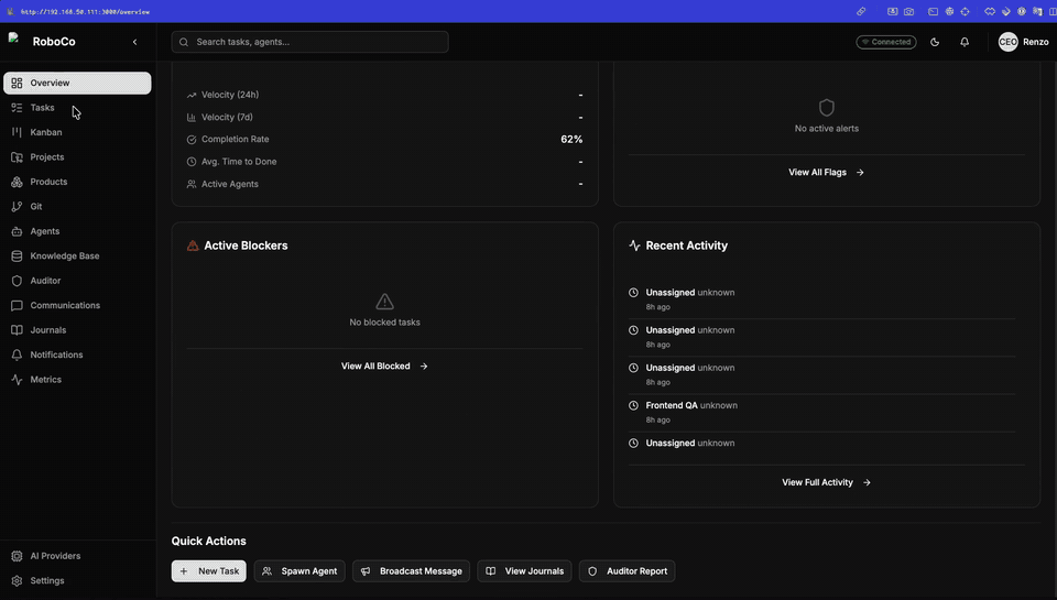 Twelve-second looping preview of the RoboCo control panel — the org tree, a task in progress, and an approval queue.