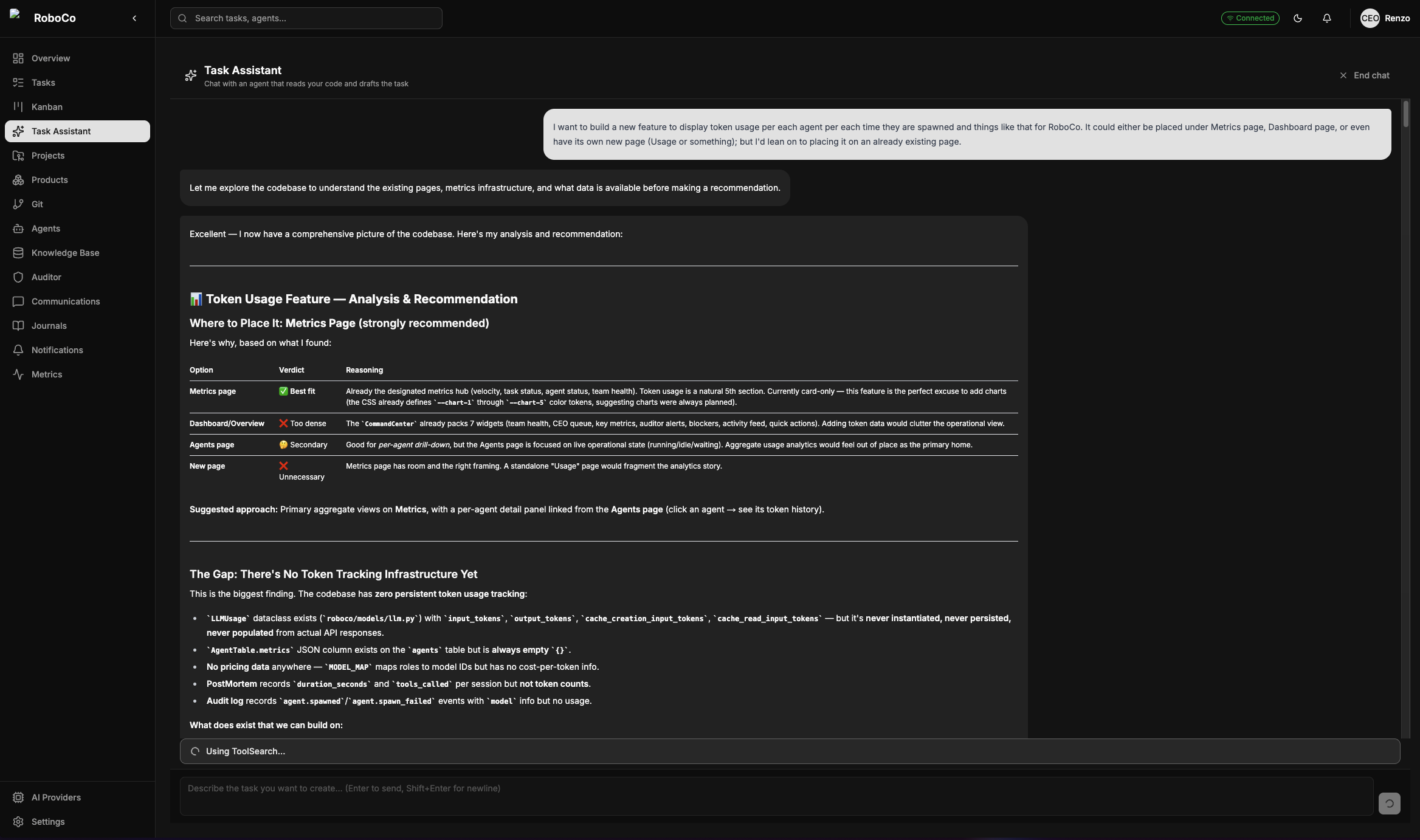 The agent's grounded analysis: a read of the existing surface, what's missing, where the feature should live, and a proposed shape — citing real files and pages.