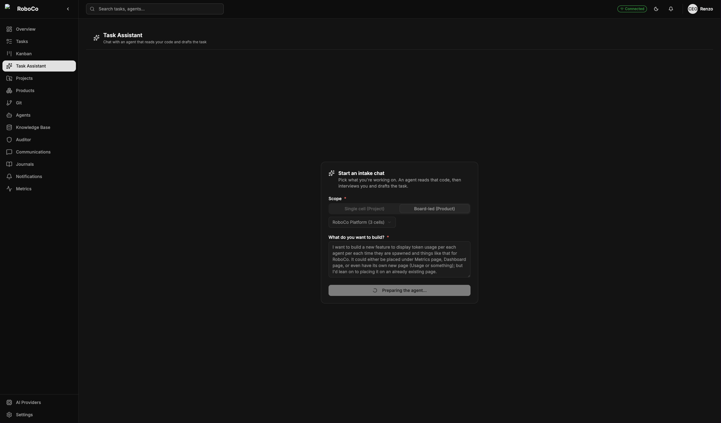 The Task Assistant's scope form: pick the project or product to work in, then describe what you want to build.
