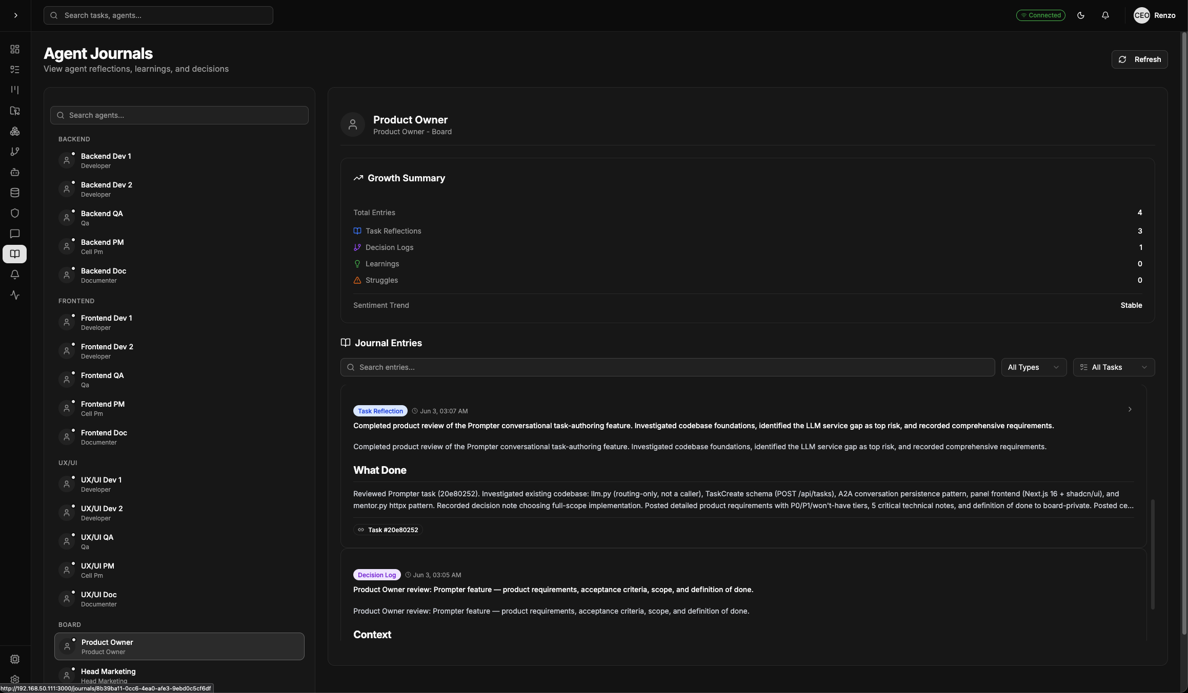 Agent Journals: per-agent reflections, decision logs, and learnings.