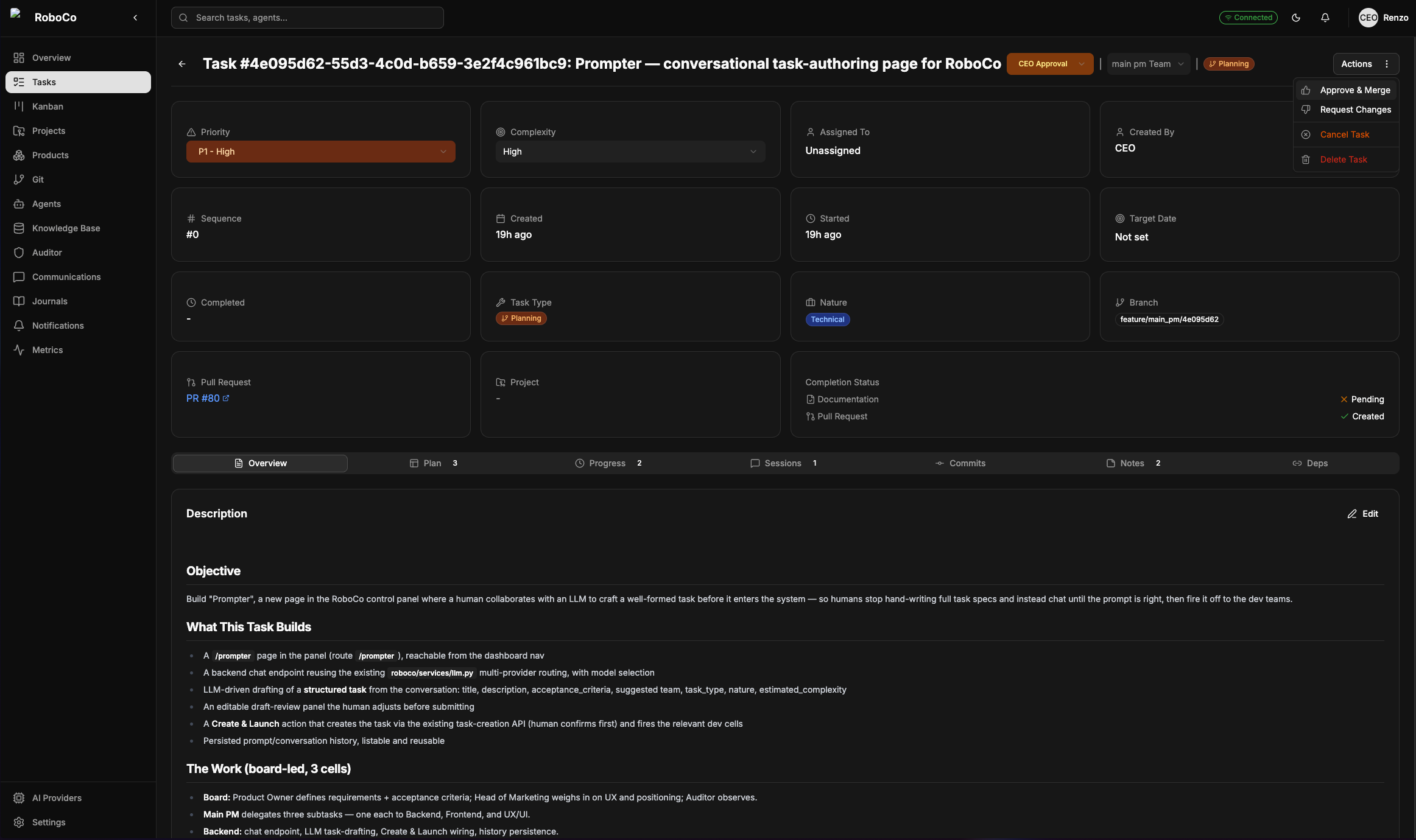 The CEO's actions on the awaiting-approval task: Approve & Merge, Request Changes, or Cancel.