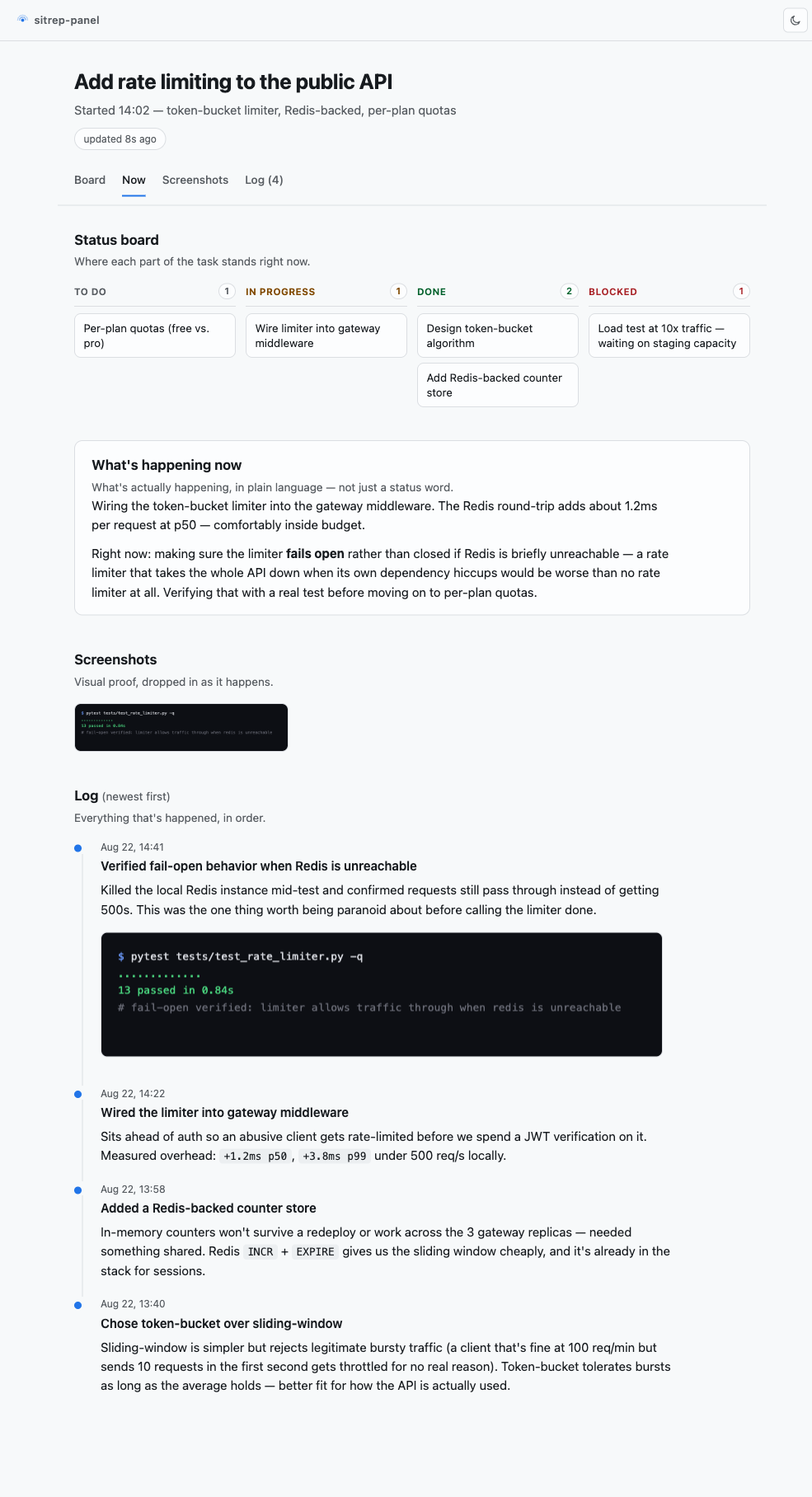 A sitrep-panel report showing a status board, a running narrative, a screenshot, and a newest-first log for a fictional 'add rate limiting' task