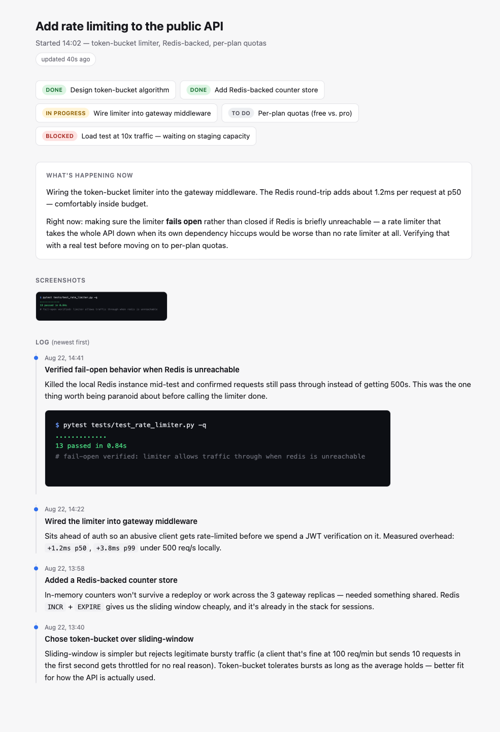 A sitrep-panel report showing a status board, a running narrative, a screenshot, and a newest-first log for a fictional 'add rate limiting' task
