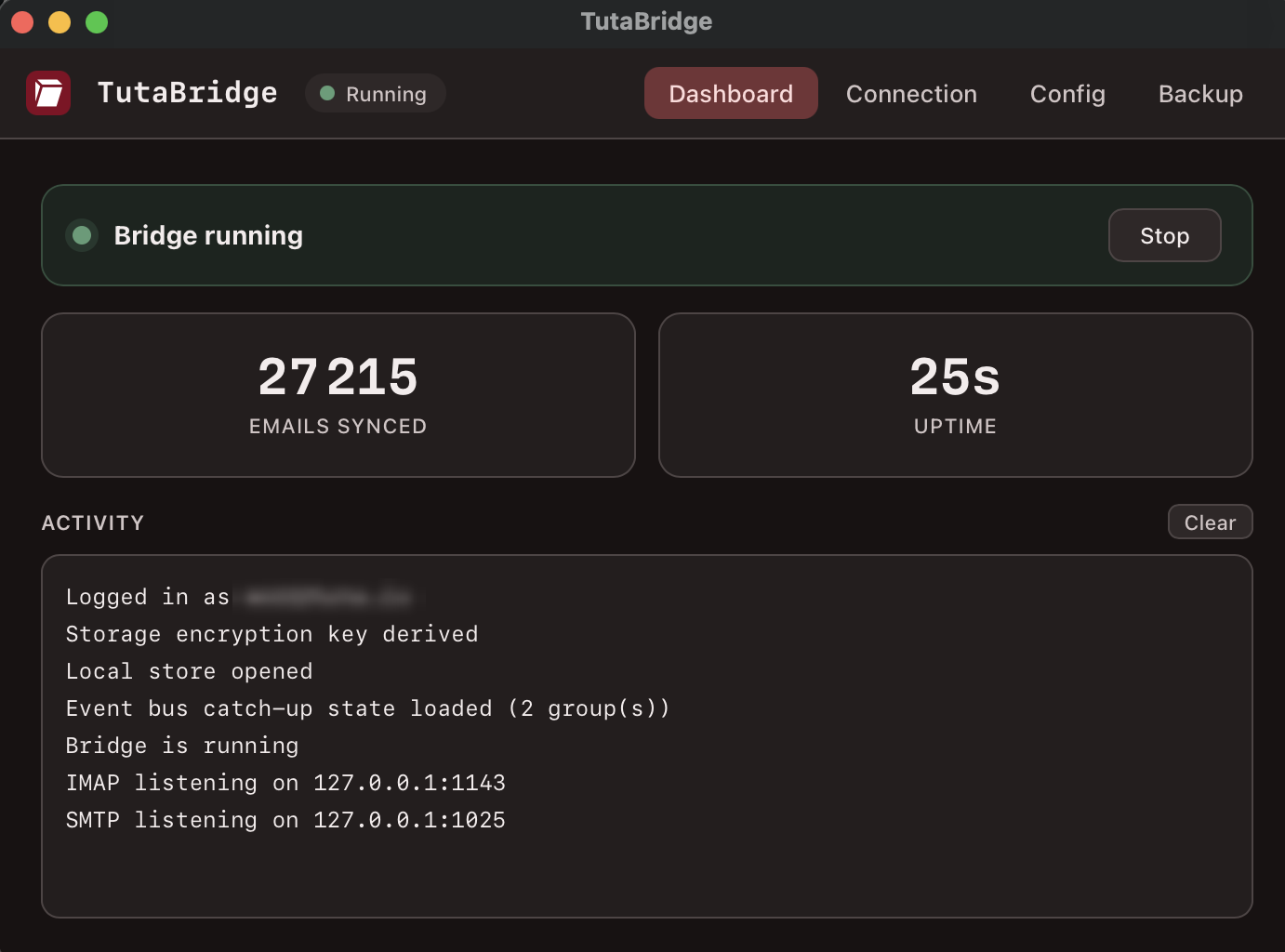 TutaBridge dashboard