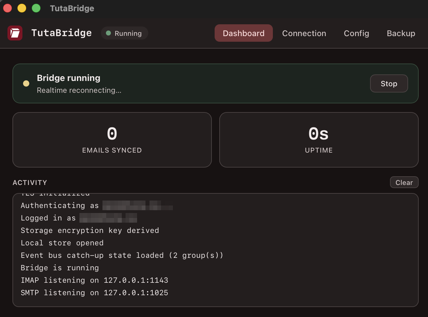 TutaBridge dashboard